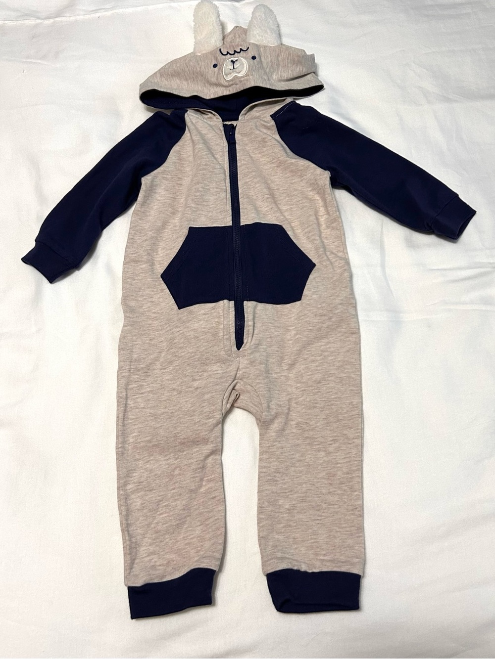 6-9 Month Baby Beige & Navy Hooded One-Piece Llama Romper with Animal Ears - NEW